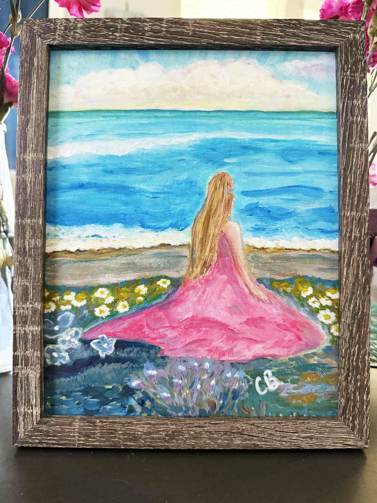 Original Painting Handmade Impressionism Seascape Landscape Dreamy Pink Dress