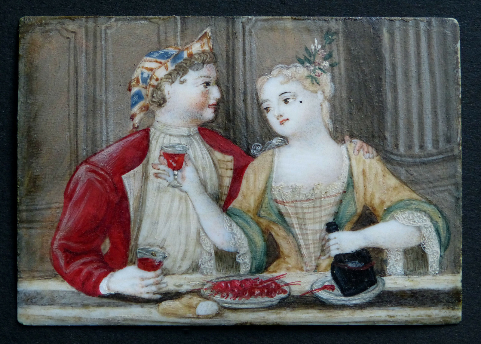 ANTIQUE PORTRAIT MINIATURE PAINTING NOBLES EATING WINE LOVE сa. 1720 BAROQUE 18