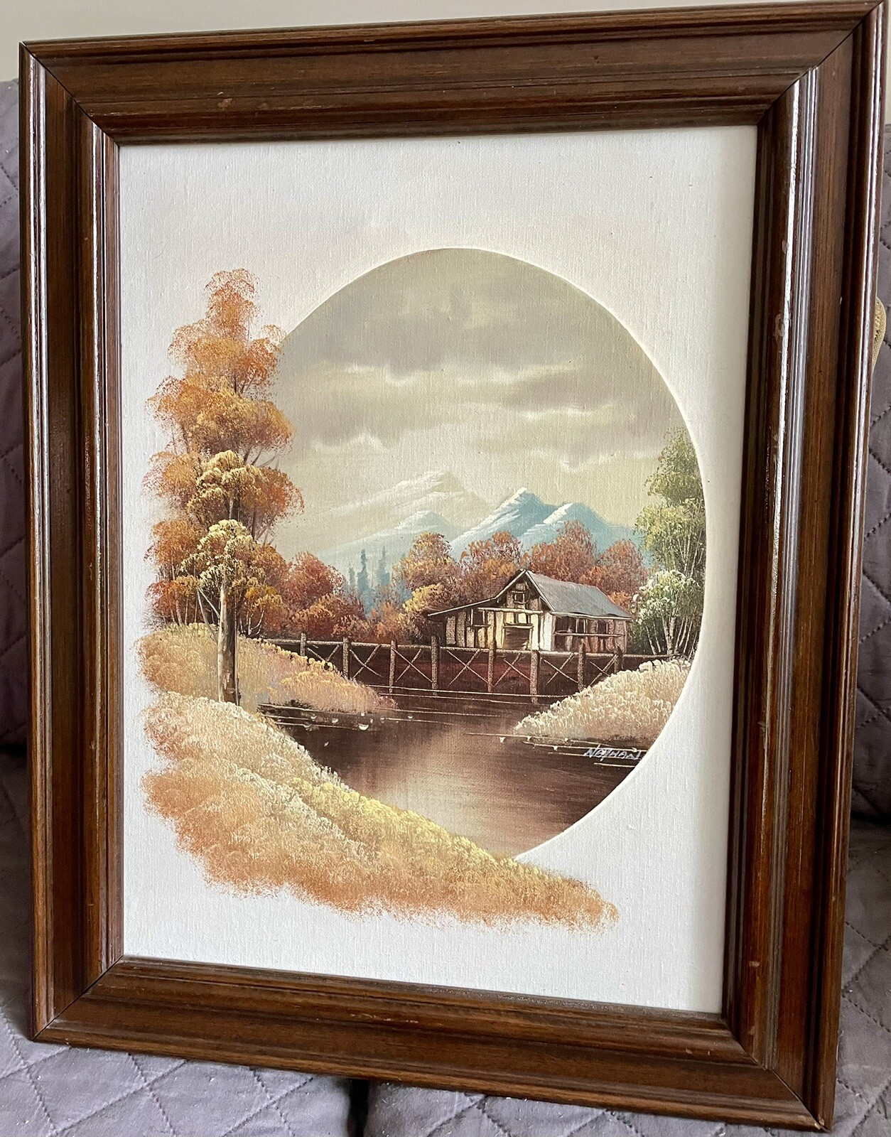 Nathan Winter Oil on Canvas “Autumn Cabin on Creek” Framed Signed