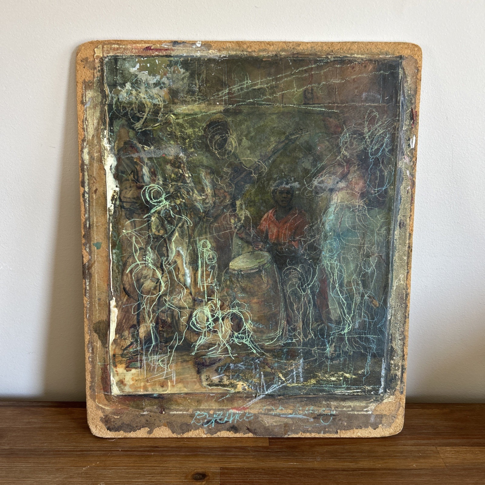 Original Vintage African American Mixed Media Folk Art Painting Masonite Signed