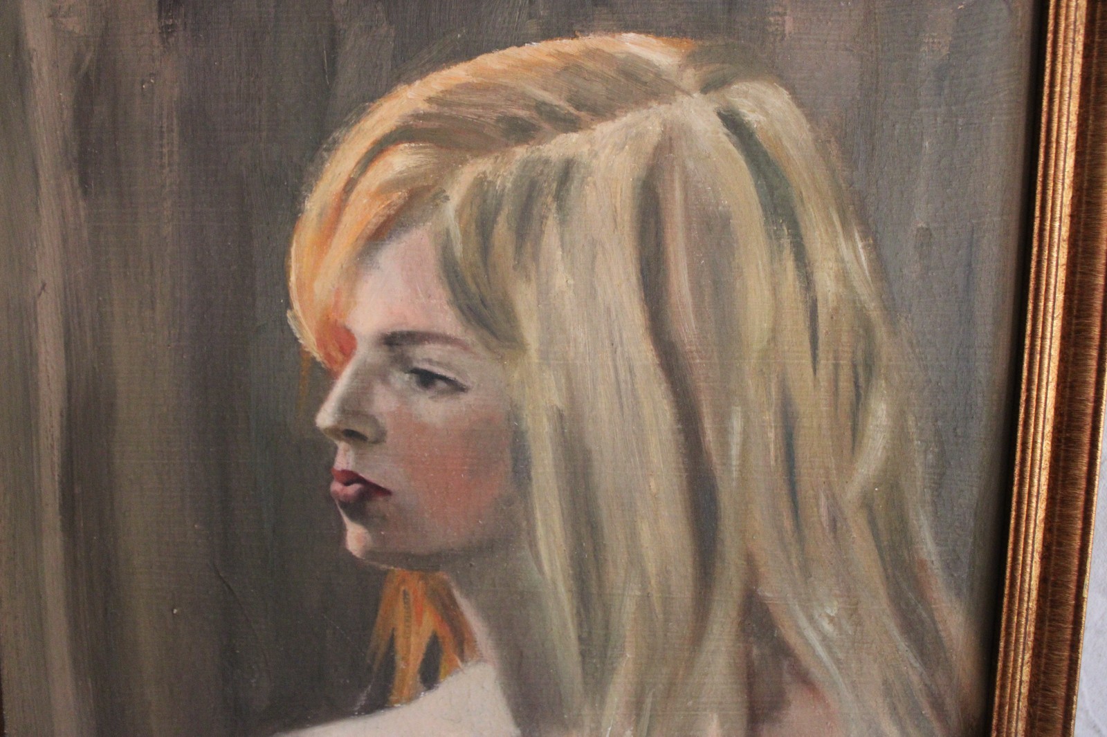ORIG VINTAGE OIL PAINTING PORTRAIT BEAUTIFUL BLOND WOMAN GIRL FRAMED FOLK ART
