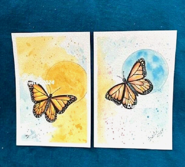 #1 Set of 2 Original Painted Water Color Butterfly 4″ x 6″ Unframed Signed