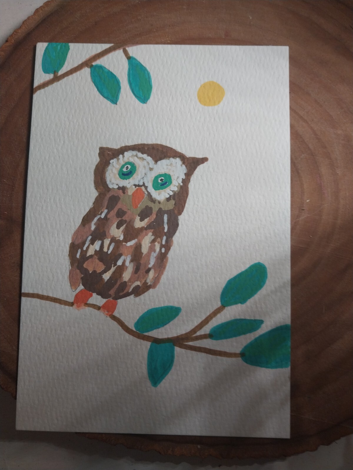Bird Owl WHIMSICAL Painting ANIMALS OOAK Original 4×6 By GAT