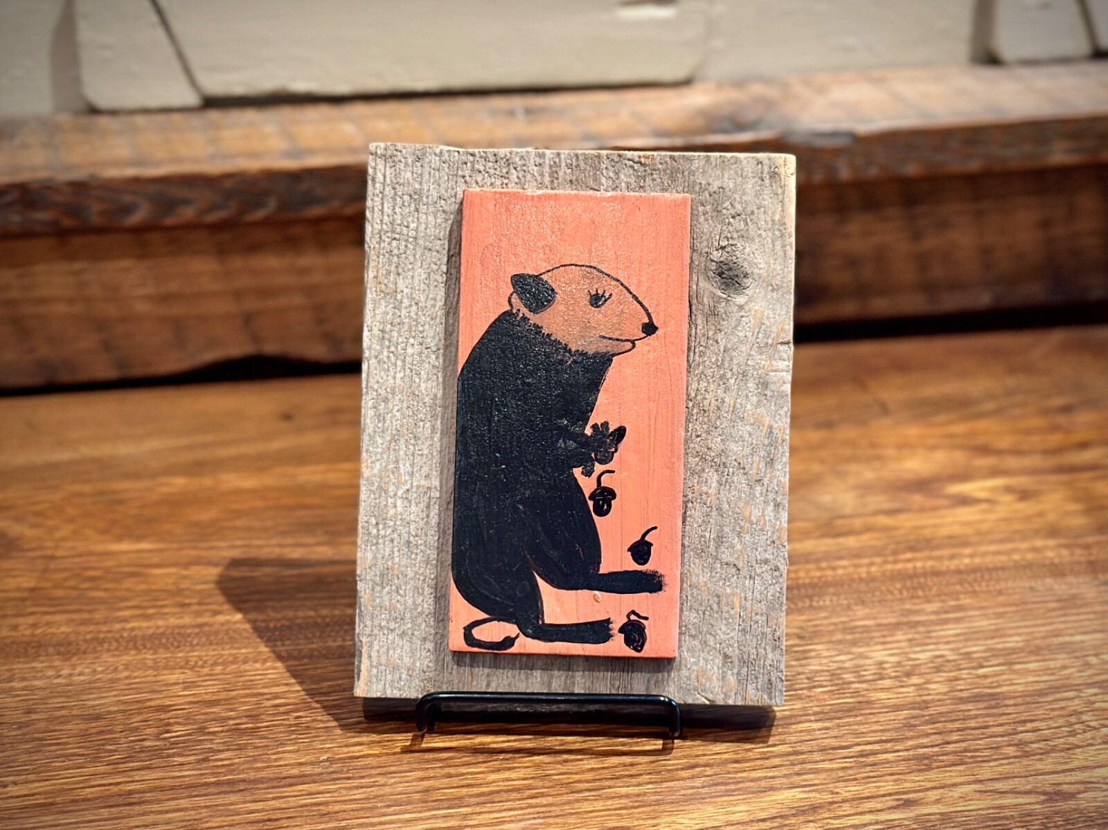 Linda Standing Folk Art Oil on Tile Painting – Squirrel with Acorns