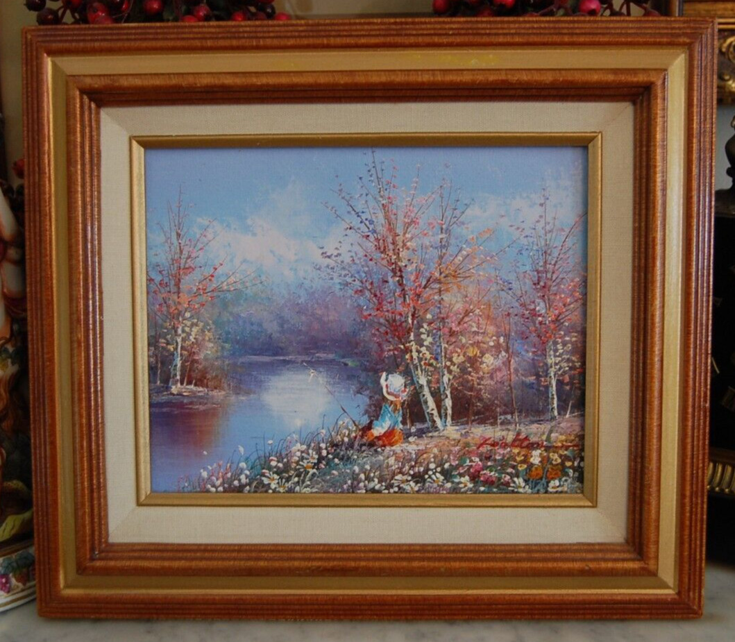 VTG FRAMED SIGNED ORIGINAL OIL PAINTING GIRL AND RIVER LANDSCAPE ARTIST: LATTON