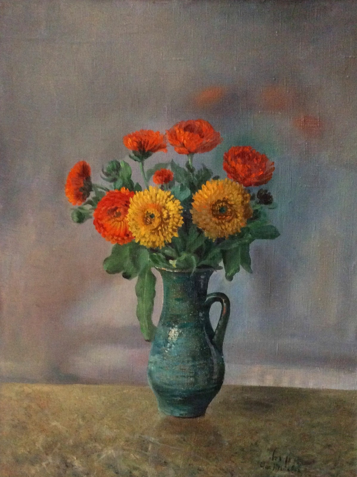 ANN SONIA MEDALIE , Oil on Canvas, Still Life Chrysanthemums , Flowers, Signed