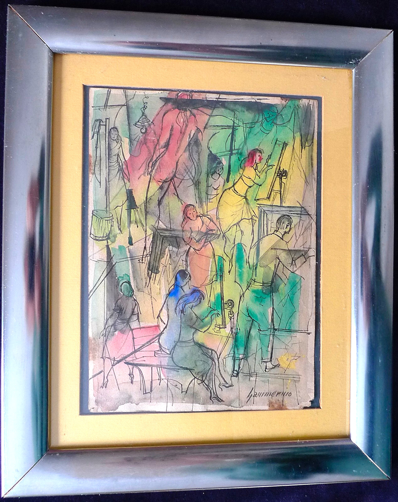 1960’s Original Avant Garde Watercolor Painting Of Various Figures Working