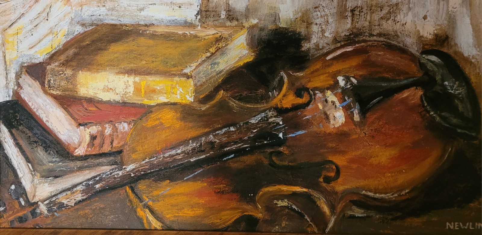 Original Signed Painting Violin Resting on Books, Scalloped Gilt Frame, Newlin