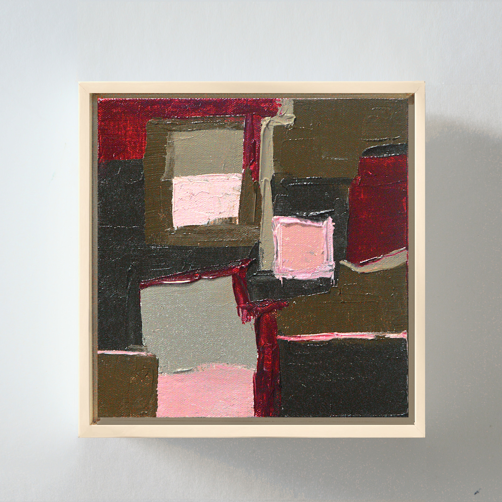 Framed Geometric Abstract Oil Painting Bold Red Pink Olive Green Textured Wall A
