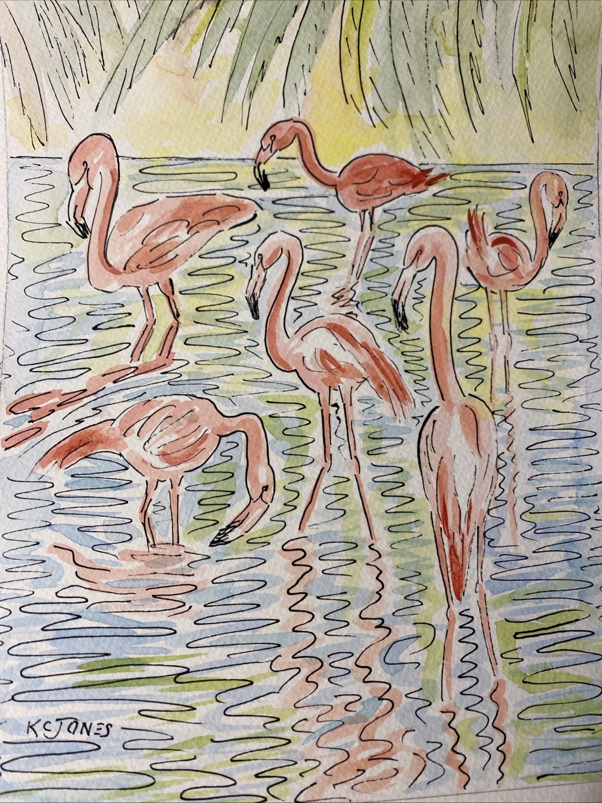 Flamingos Mixed Media Watercolor Painting Florida Watercolor Pink K C Jones Art