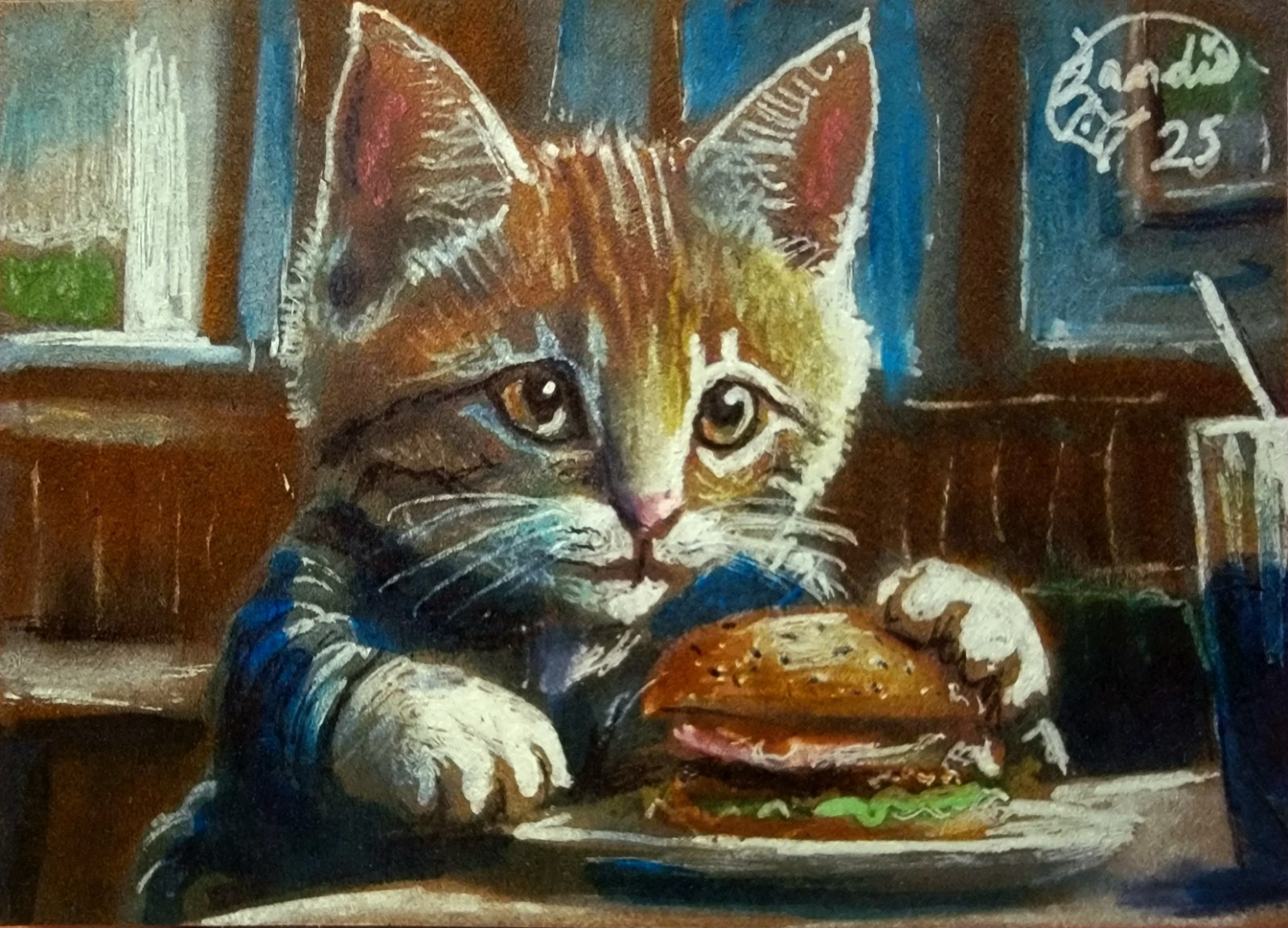 ACEO Jacob Landis Kitty Tabby Cat ORIGINAL Art Print # /25 «Supper For Three»