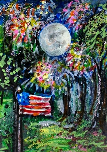 ACEO Original Painting FIREWORKS Summer Night Trees Moon Flag July 4 USA ATC ART