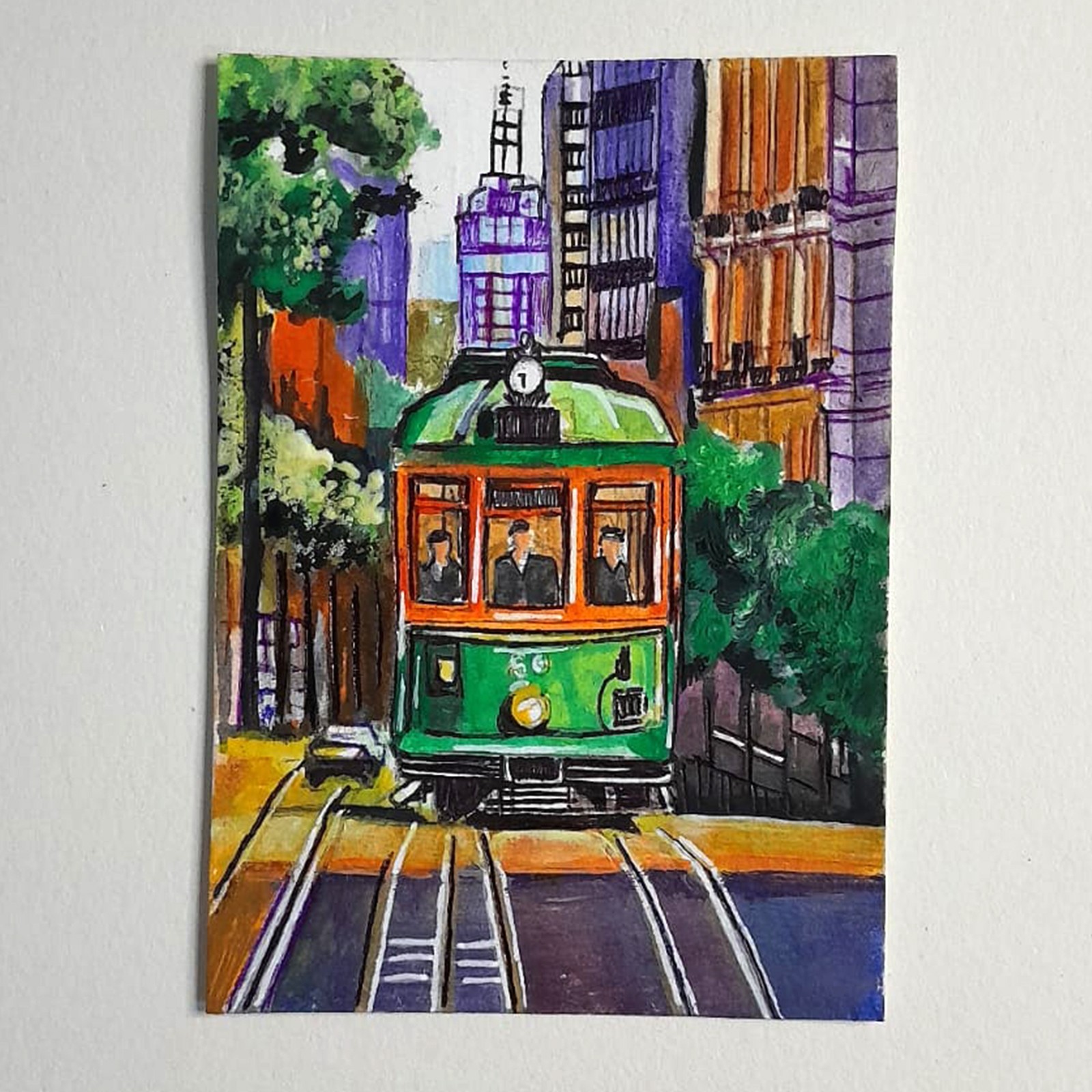 Original ACEO Painting Green Tram Streetcar Urban Cityscape Miniature Art OOAK
