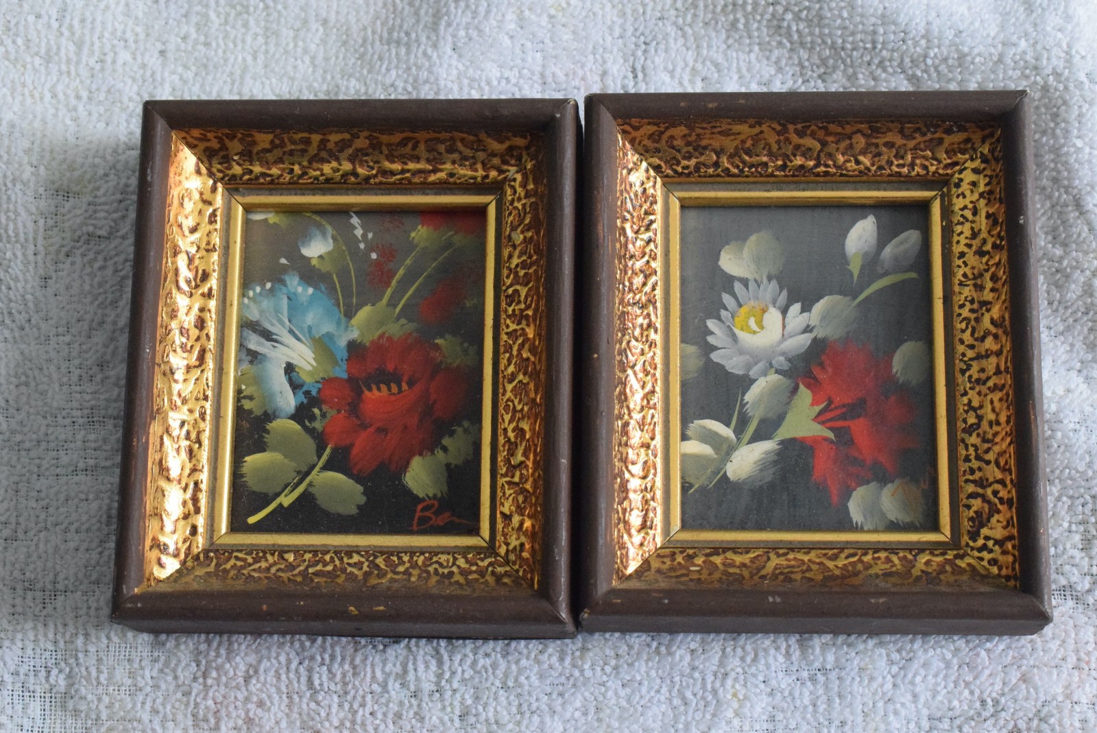 4 VTG Verilyn Gallery Signed Art, Hand-Painted Flowers Gold Frames 3×3.75, SPAIN