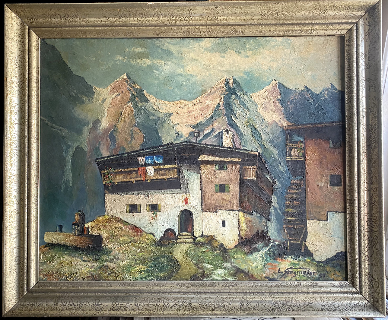 Oil painting landscape Alps mountain farm drinks frame Stegmeier signed antique
