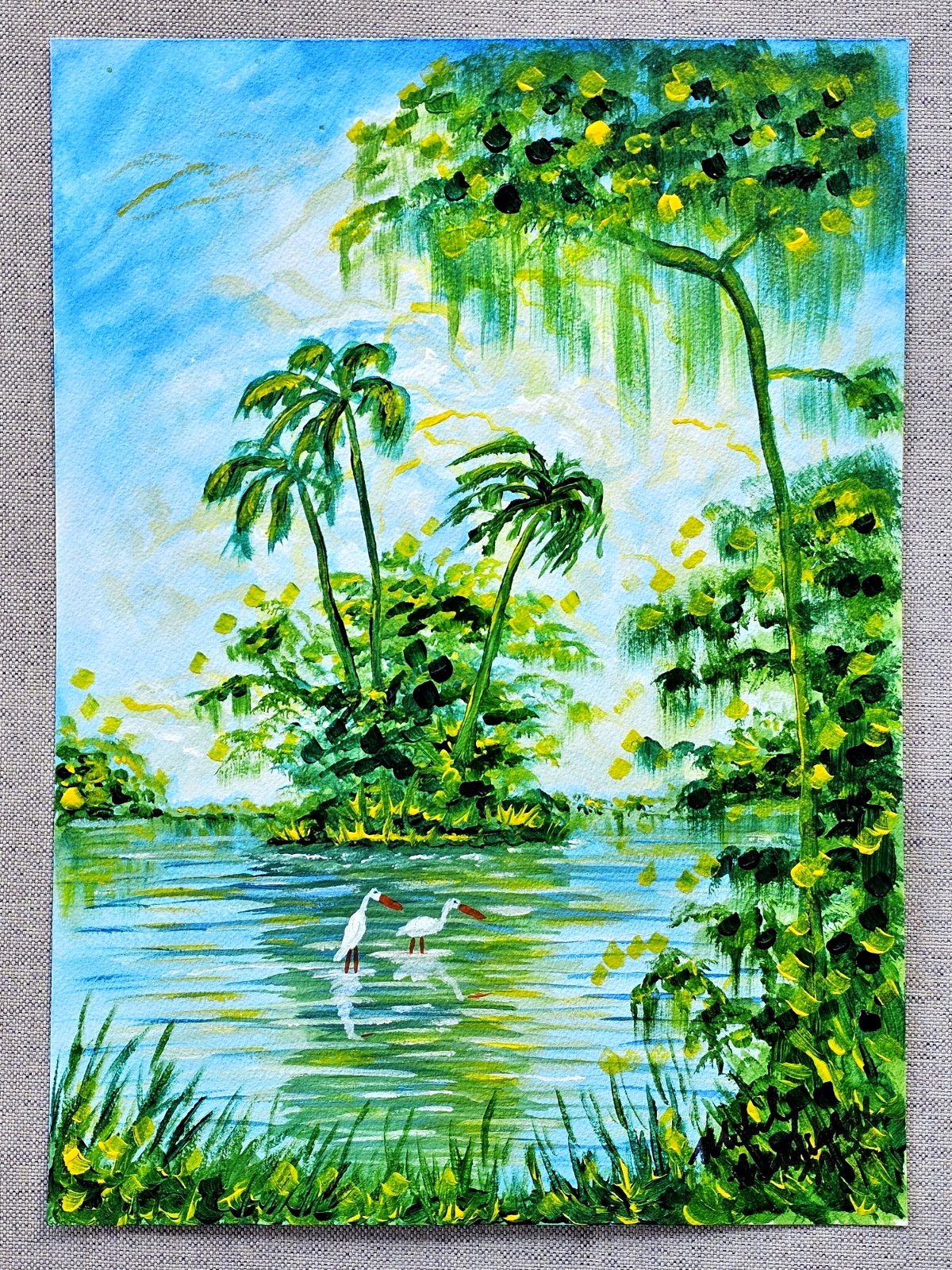 Original Painting Tropical Landscape Bird Florida Highwaymen Style Artist Signed