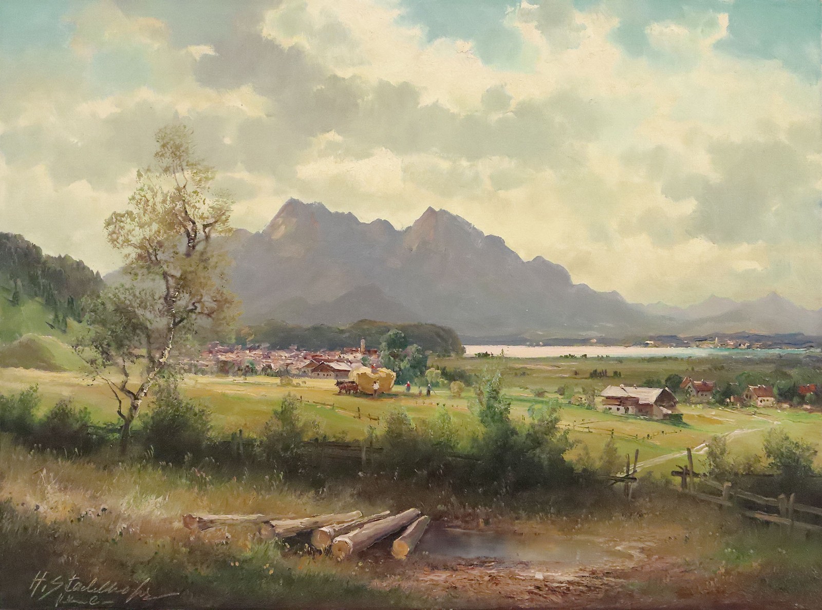 HELMUT STADELHOFER Signed Vtg cLt 1960s-Ea 1970s Oil Painting HAYING Lake Kochel