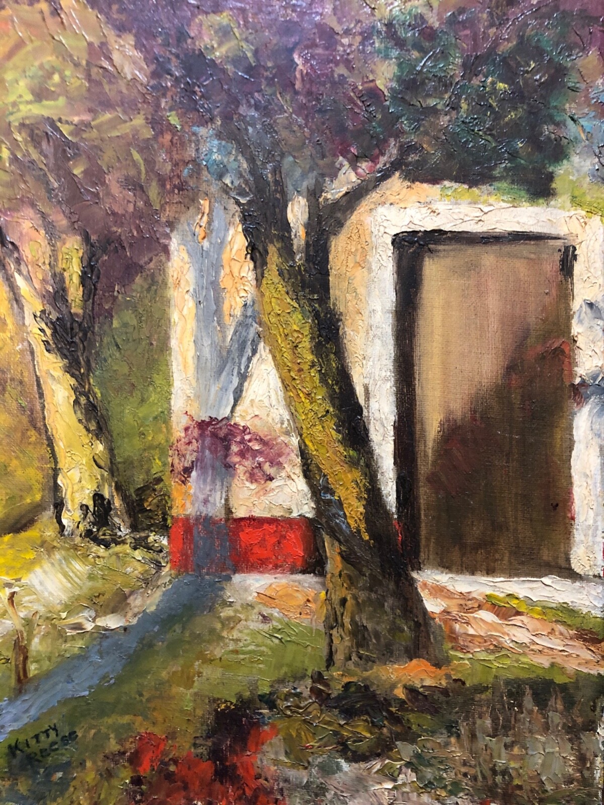 Primitive Painting Door Shadow Trees Small Moody Impressionist Signed Kitty 1961