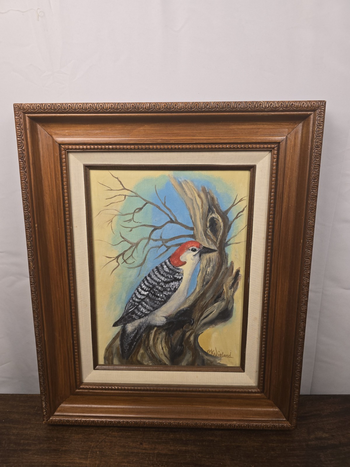 Oil Painting Red Bellied Woodpecker Tree Branch By M. Wieland Wood Framed