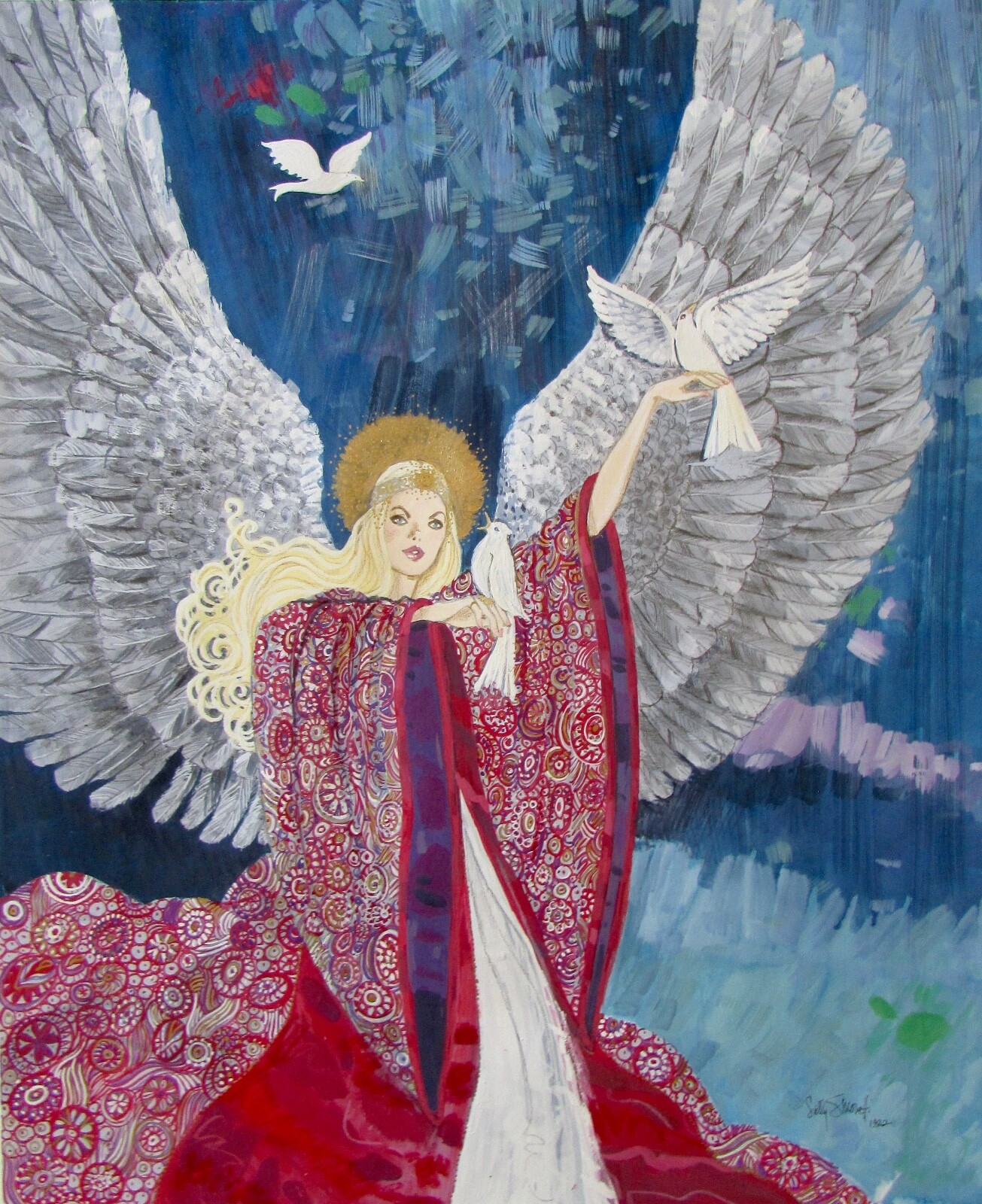 Sally Simonetti Santa Fe Fantasy Fairy Angel Peace Doves Original Painting