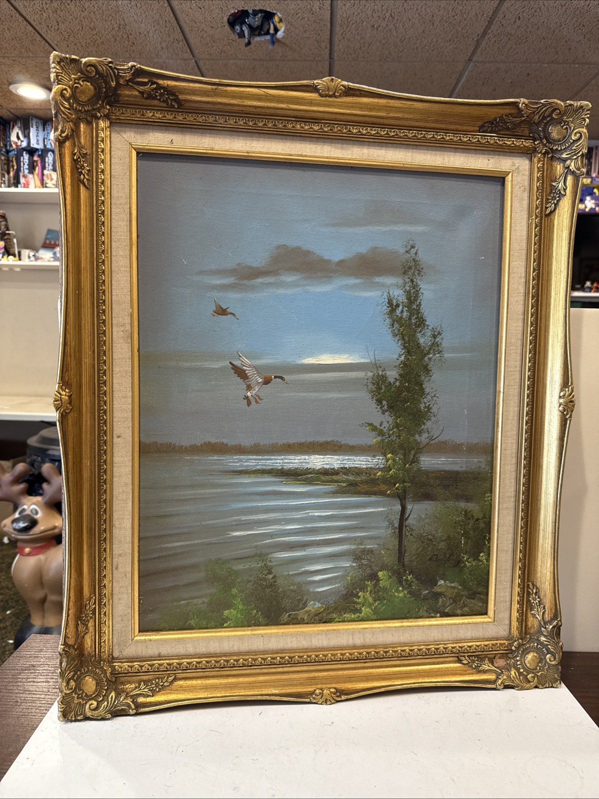 Real Signed Oil On Canvass Painting Lake Shore Ducks Duck Hunting 25×22” Sunset