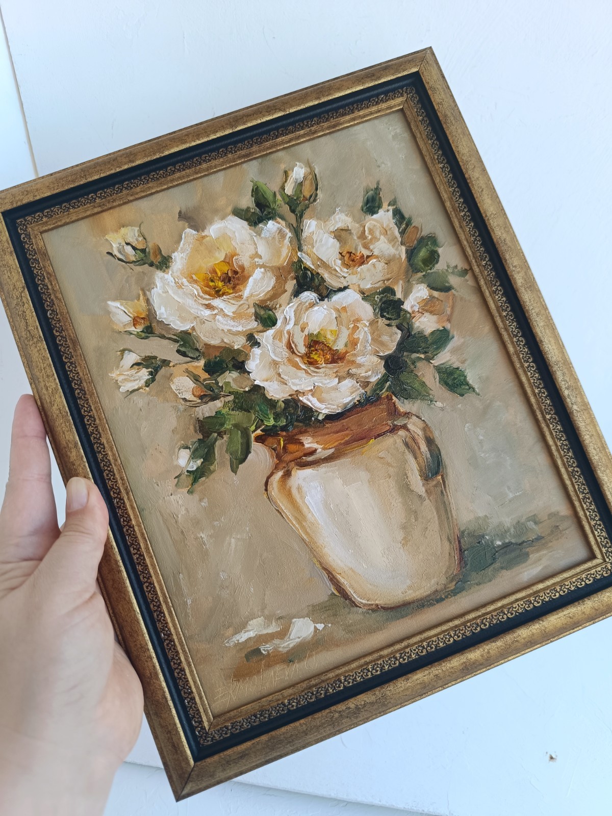 White Roses in a Vase Original Oil Painting Framed Floral Wall Art 8×10 in