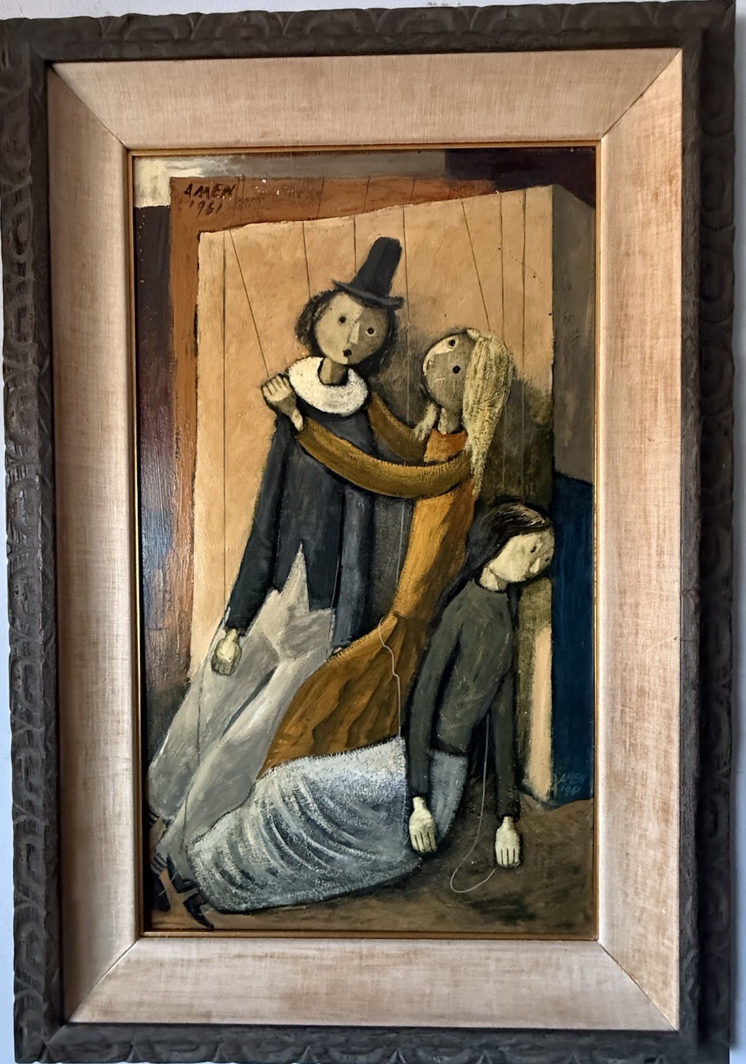 IRVING AMEN ANTIQUE MODERN ABSTRACT CUBISM OIL PAINTING OLD VINTAGE PUPPETS 1961