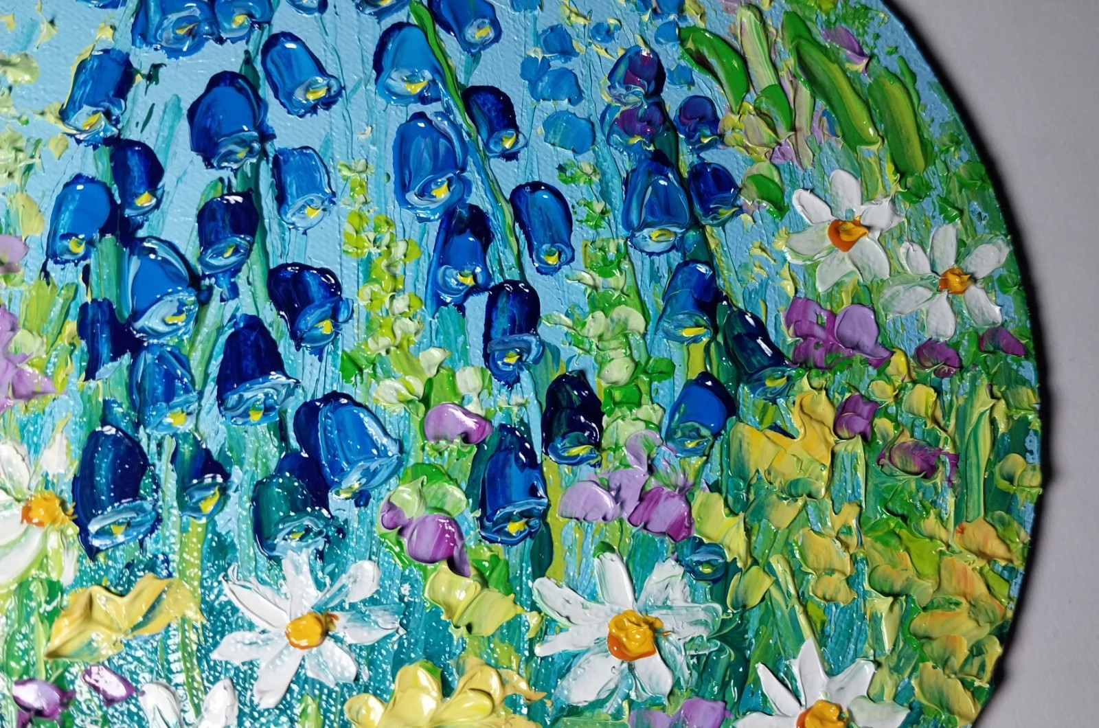 Meadow Flowers Daisies Bells Art Round Canvas 6×6” Impasto Oil Painting Original