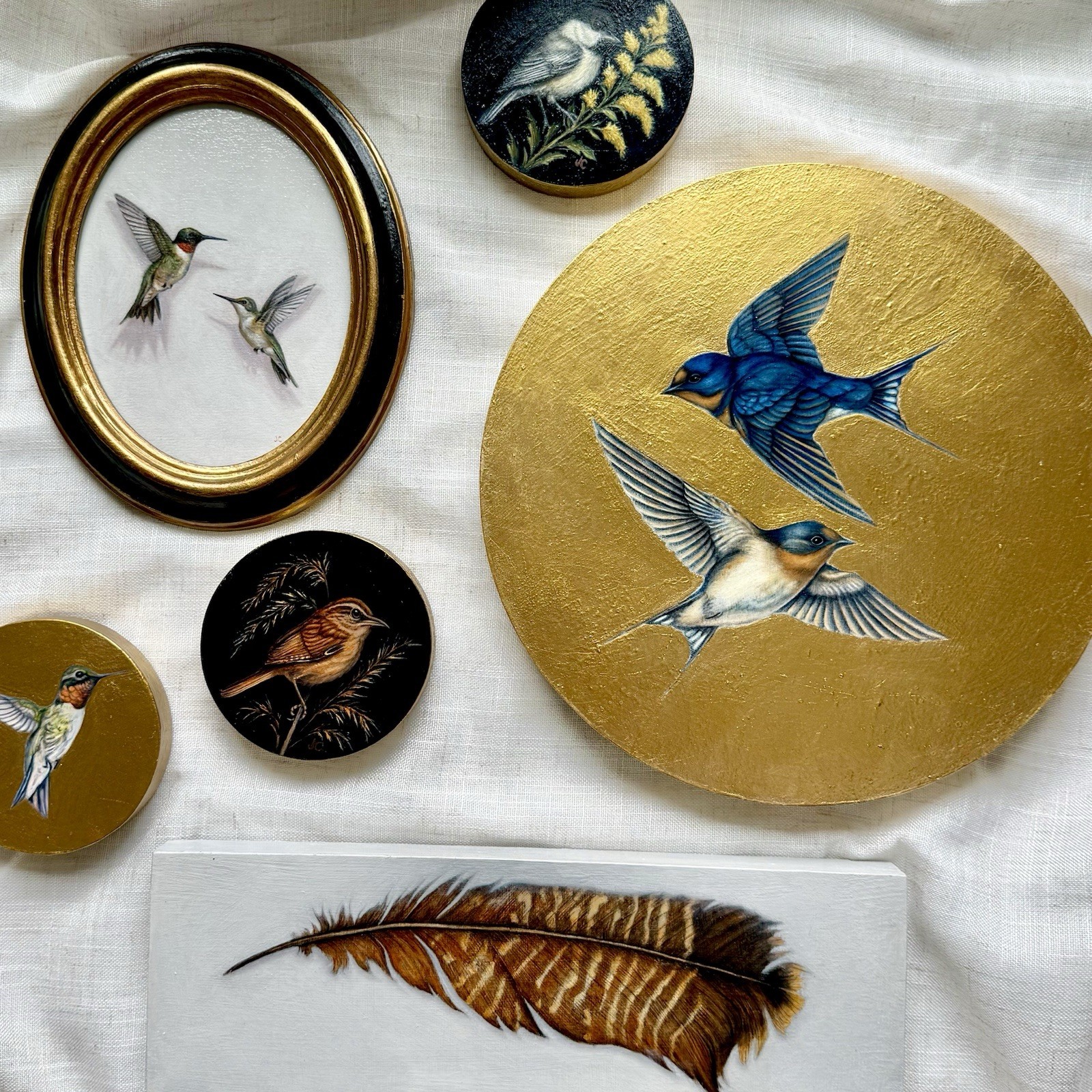 Barn Swallows Original Oil Bird Painting on wood Gold Leaf Signed OOAK 2025