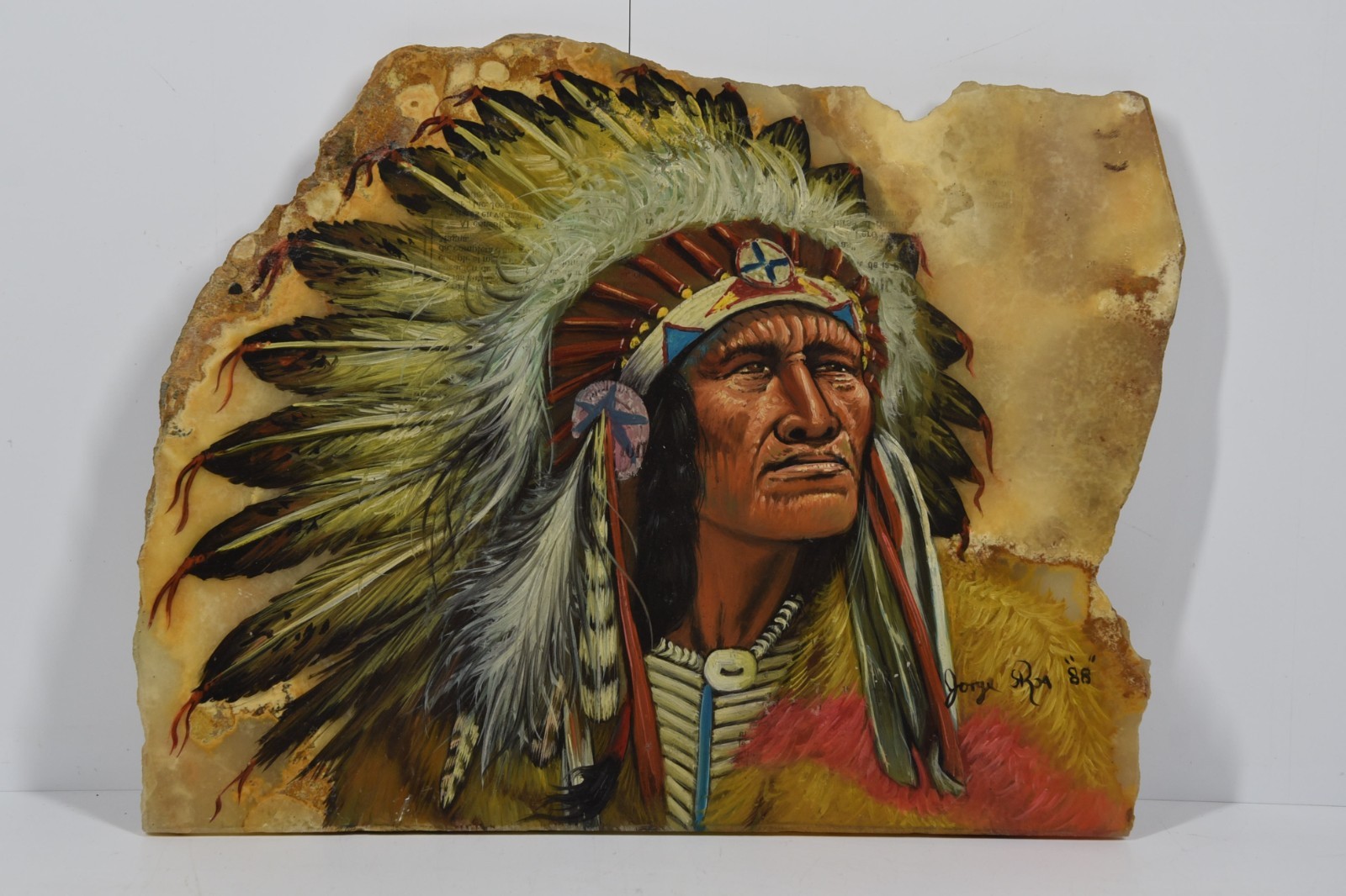 Vintage Native American Chief Original Painting on Onyx Stone Slab Southwest Art