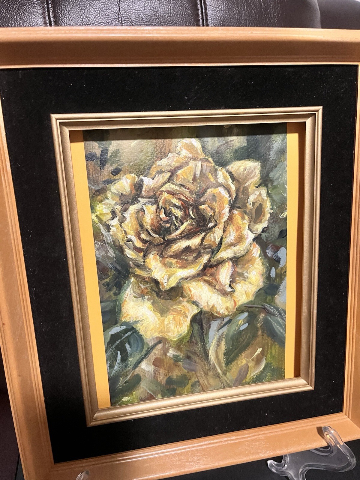 Oil Painting Yellow Vegas Rose Framed With Stand Signed Sherell Schillik