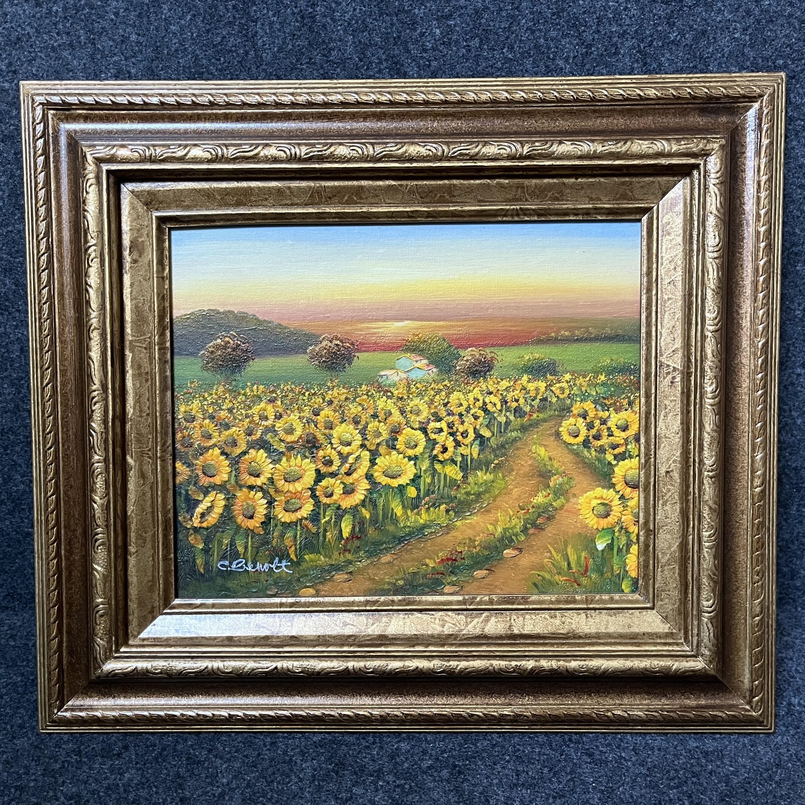 Vintage C. Benolt Oil Painting Frame 3D Impasto Style Sunflowers Field Nature
