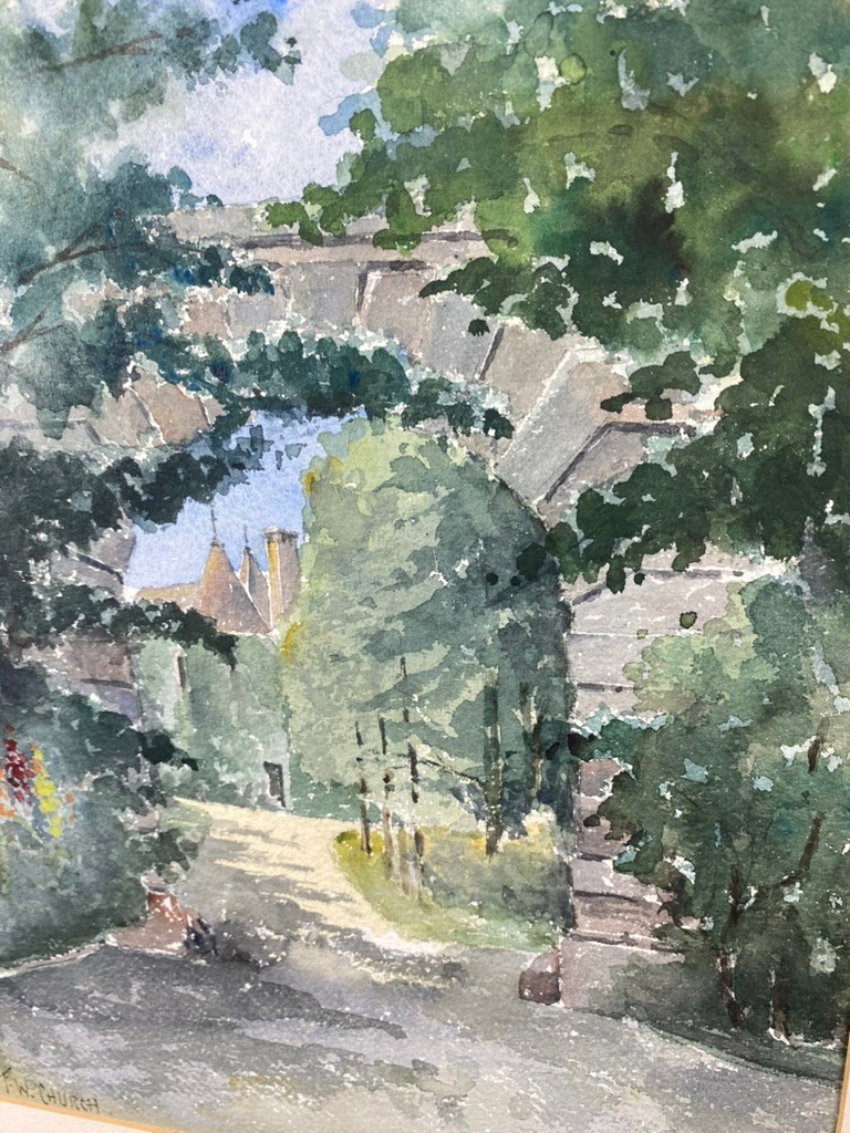 Vintage F.W. Church Watercolor Painting Stone Archway Landscape Mat Size 14×21″