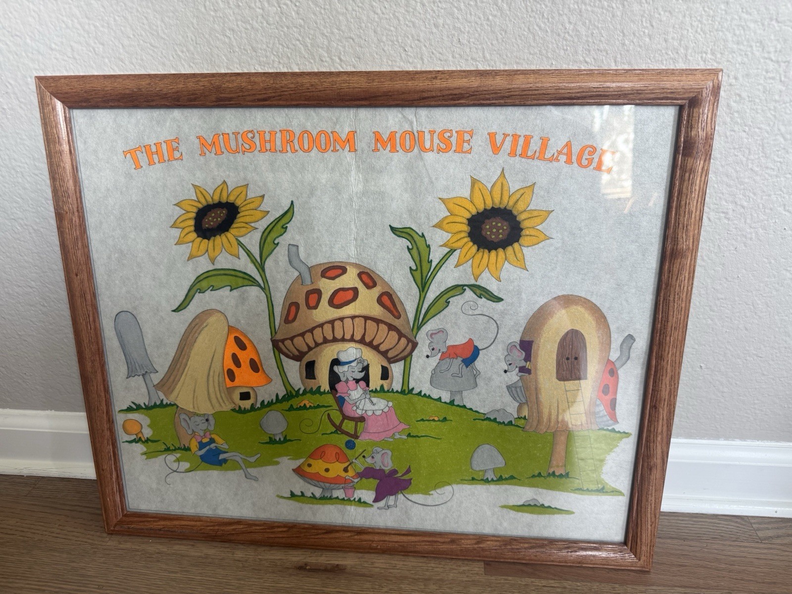 Vintage 1971 Large Framed The Mushroom Mouse Village Felt Fabric Panel Artwork