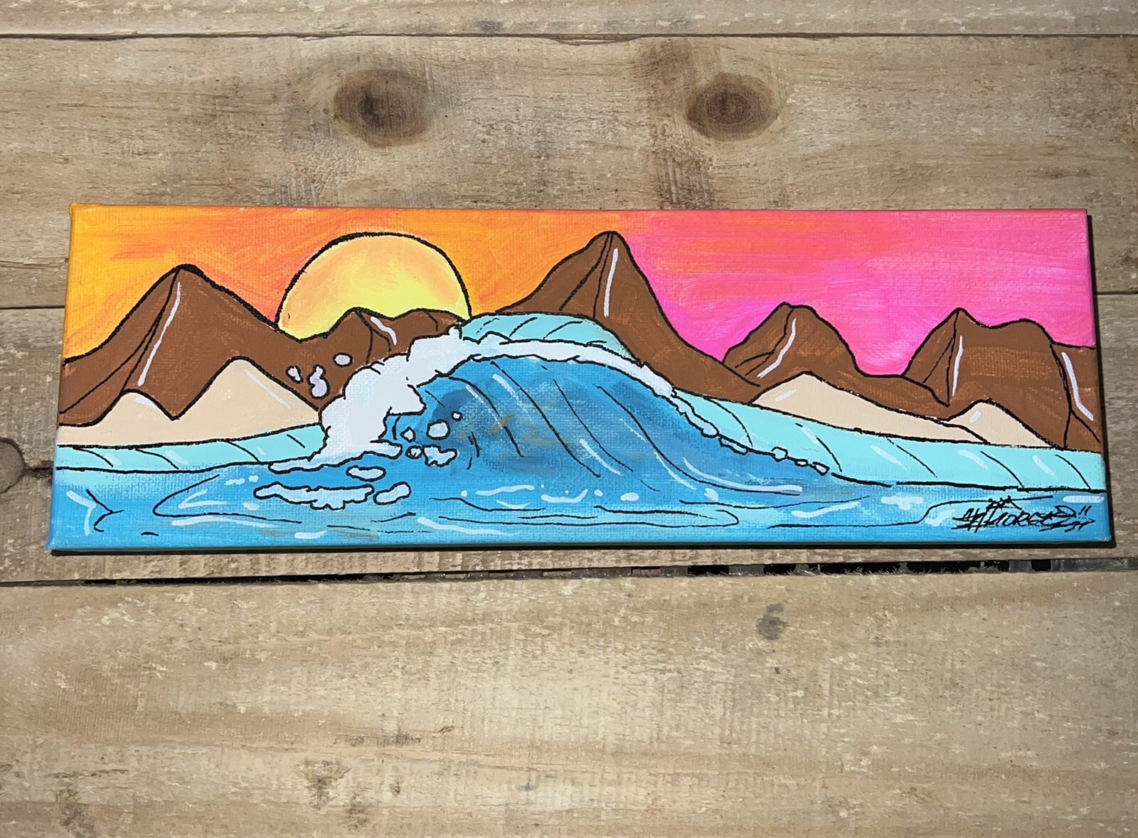 12 X 4 IncH Canvas Shortiez Ink Art Painting Gallery Waves Mountains Sunrise