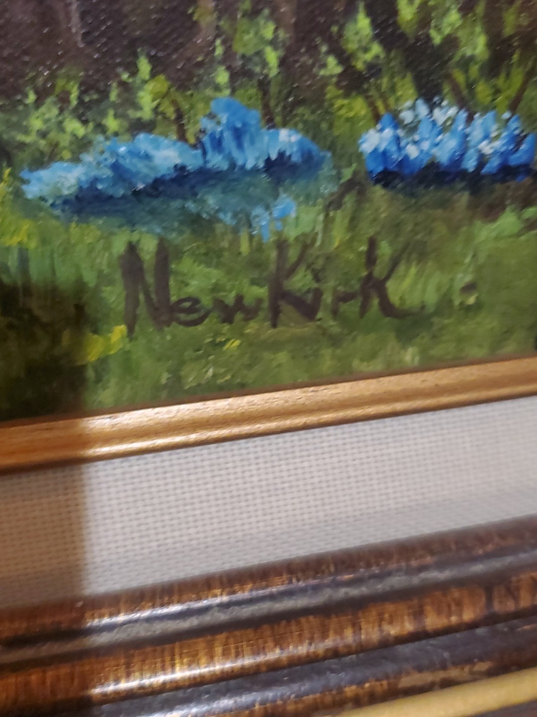 Original oil painting Vibrant!!! Blue Flowers Pond Forest Landscape SIGNED