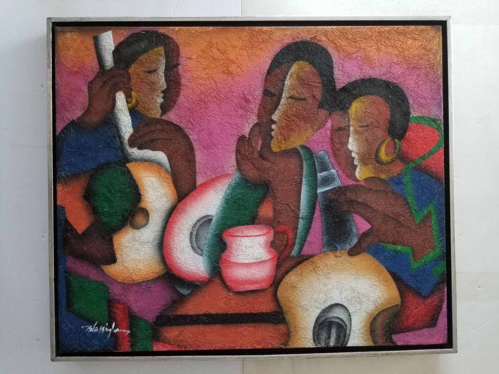Vintage African Abstract oil Painting, 23 x 19 Inch, by Blassinglais – 1960s