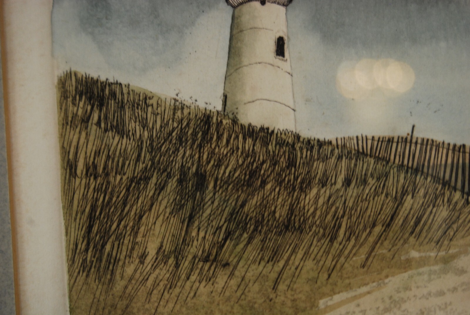 VTG FRAMED FRANK KACZMAREK SIGNED A/P COLORED ETCHING «STORM FENCE» LIGHTHOUSE