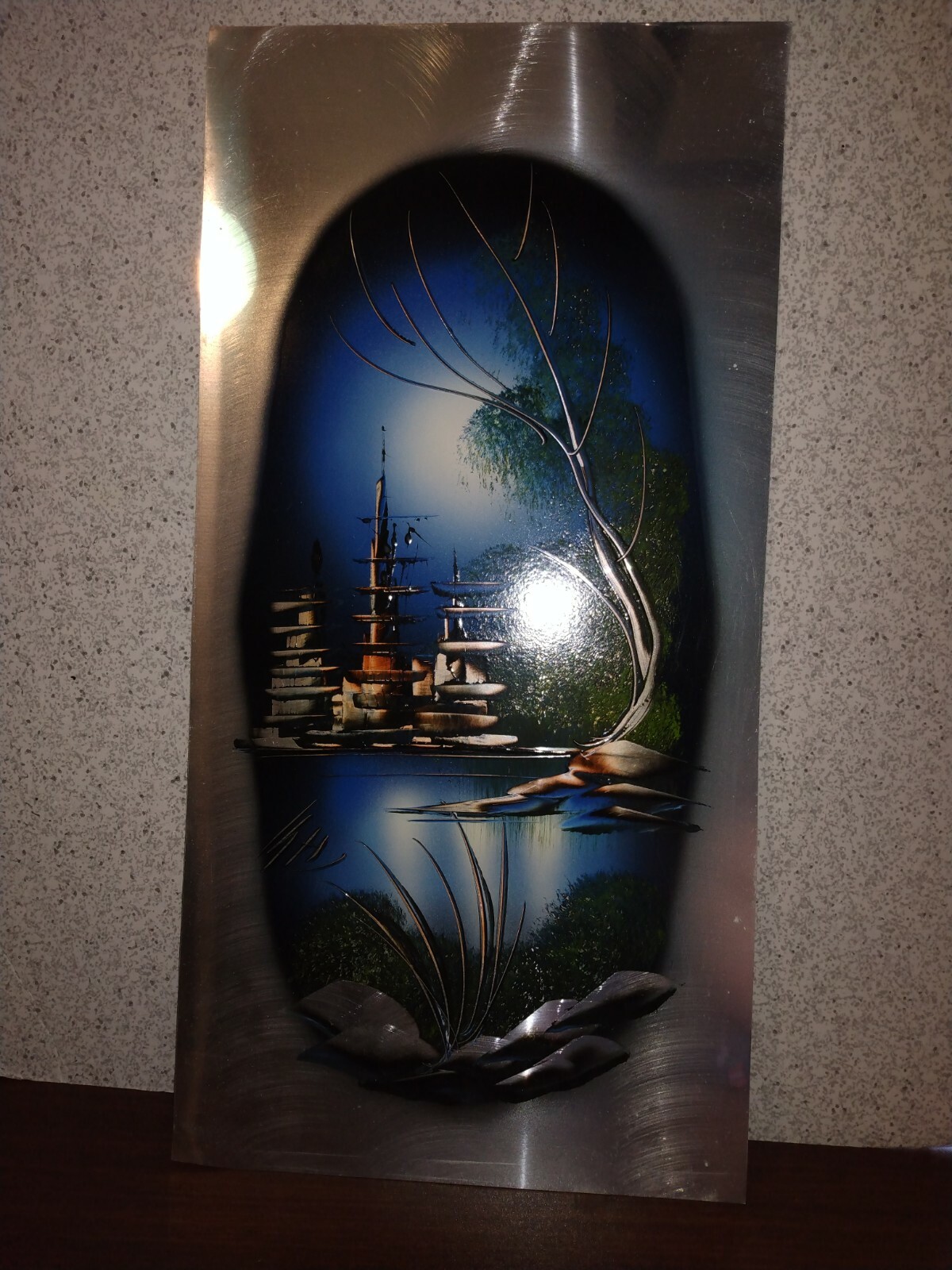 Vintage Oriental Spray Paint Art On Thin Aluminum Sheet Metal 19 3/4″ x 9 3/4″