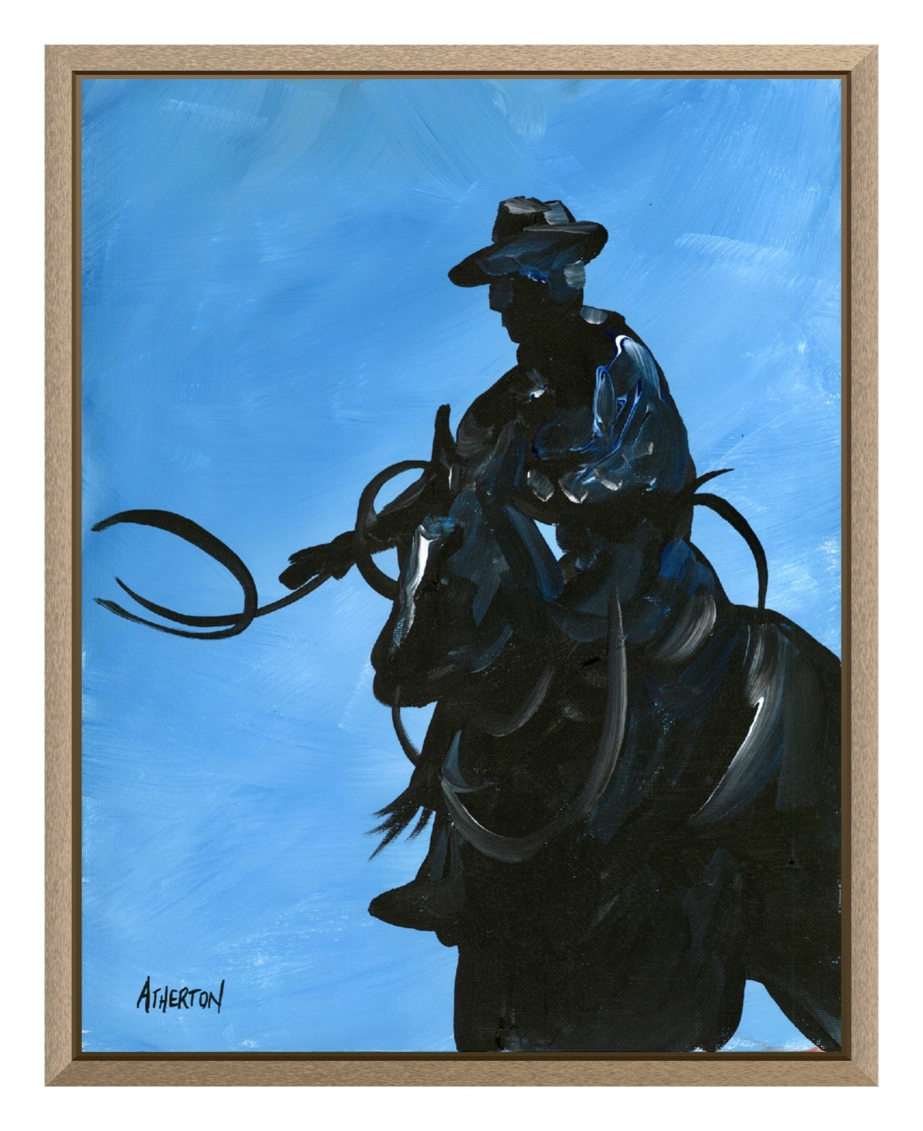 Atherton 11×14 Original Abstract Cowboy horse Painting «Blue Rider» hand signed