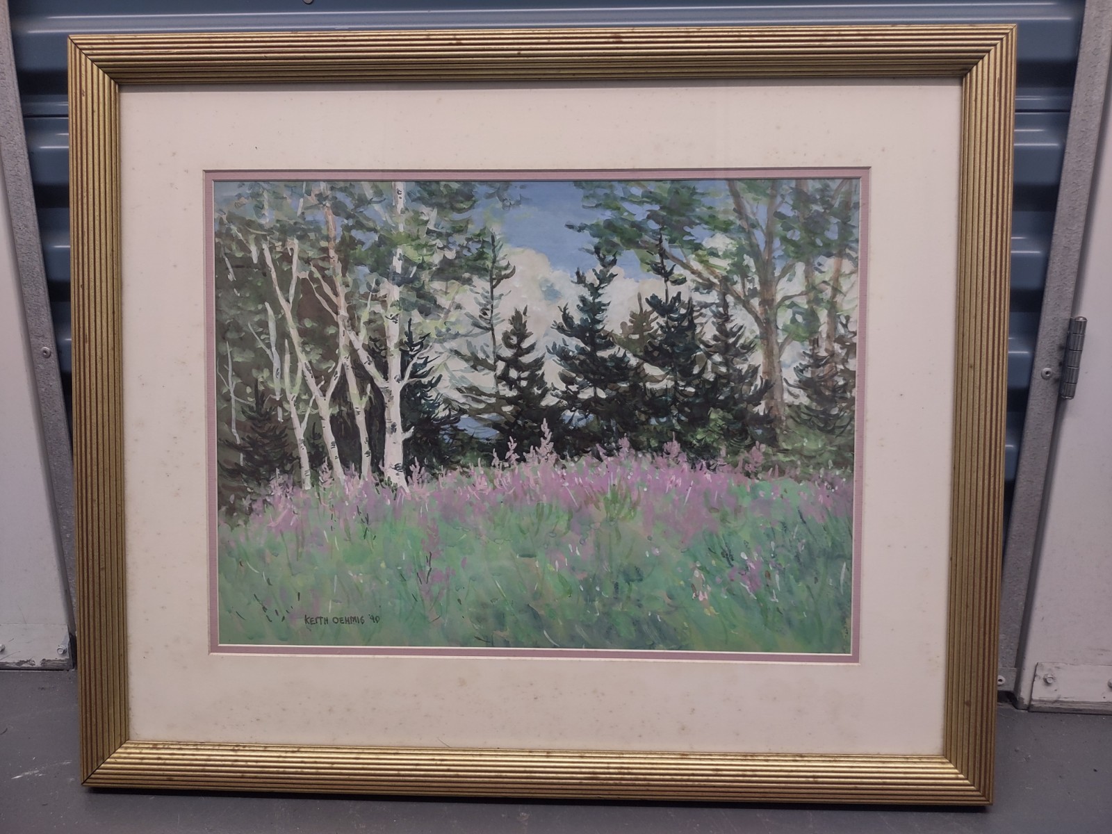 Keith Oehmig Original Gouache «Island Birches» 1990 Signed Matted Framed