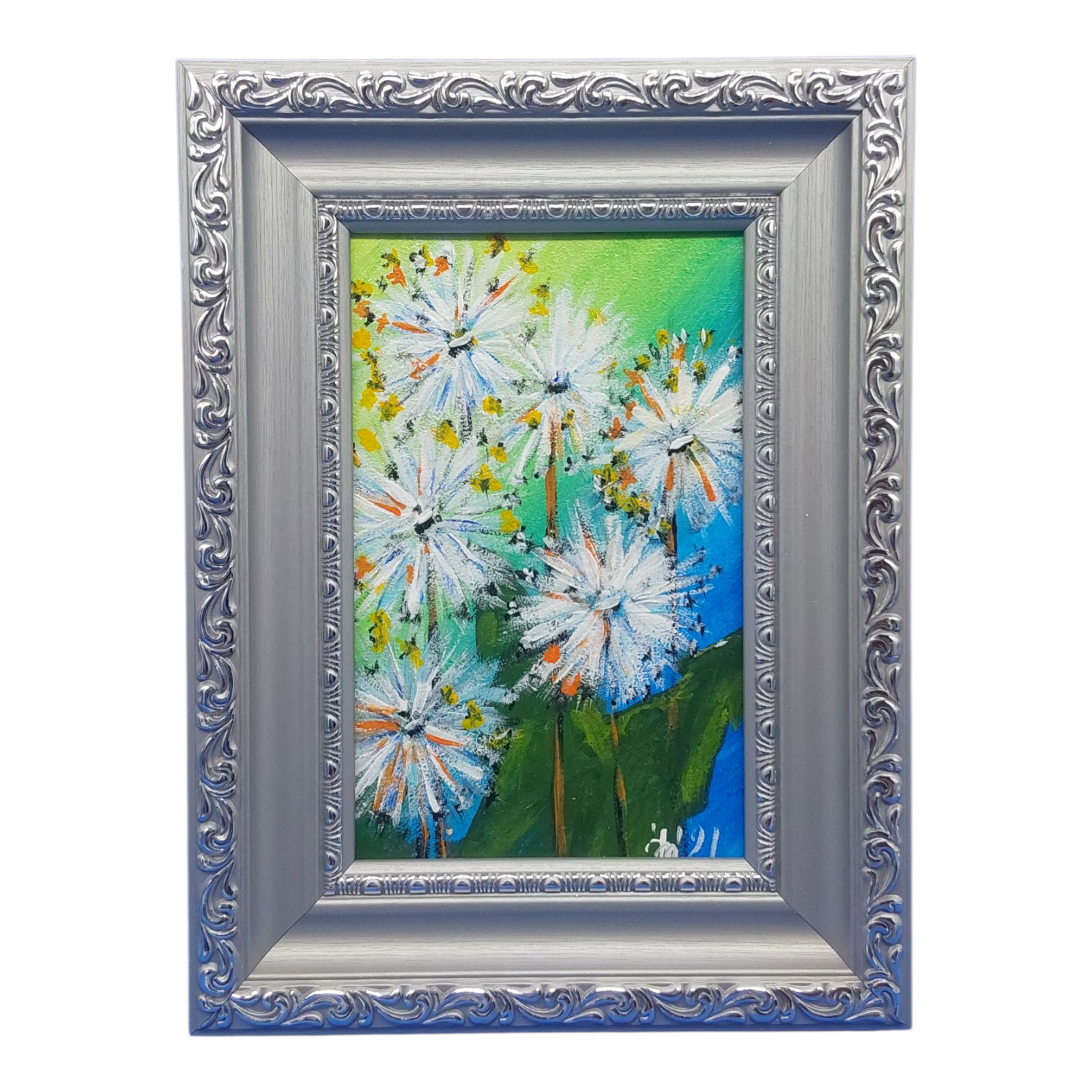 Wildflowers Original Painting Dandelions Gift Silver Frame Wall Art Handmade