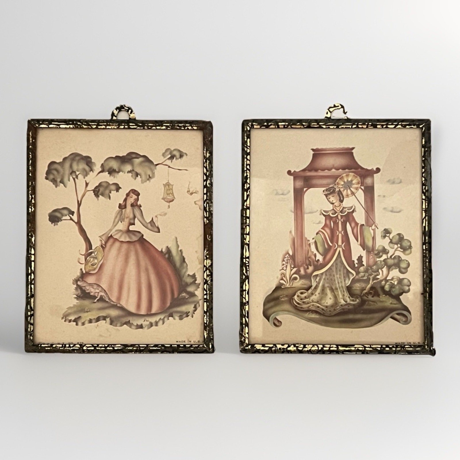Vtg Miniature Well Art Frames 1950s Ladies Oriental Southern Belle 4×5 Set Of 2