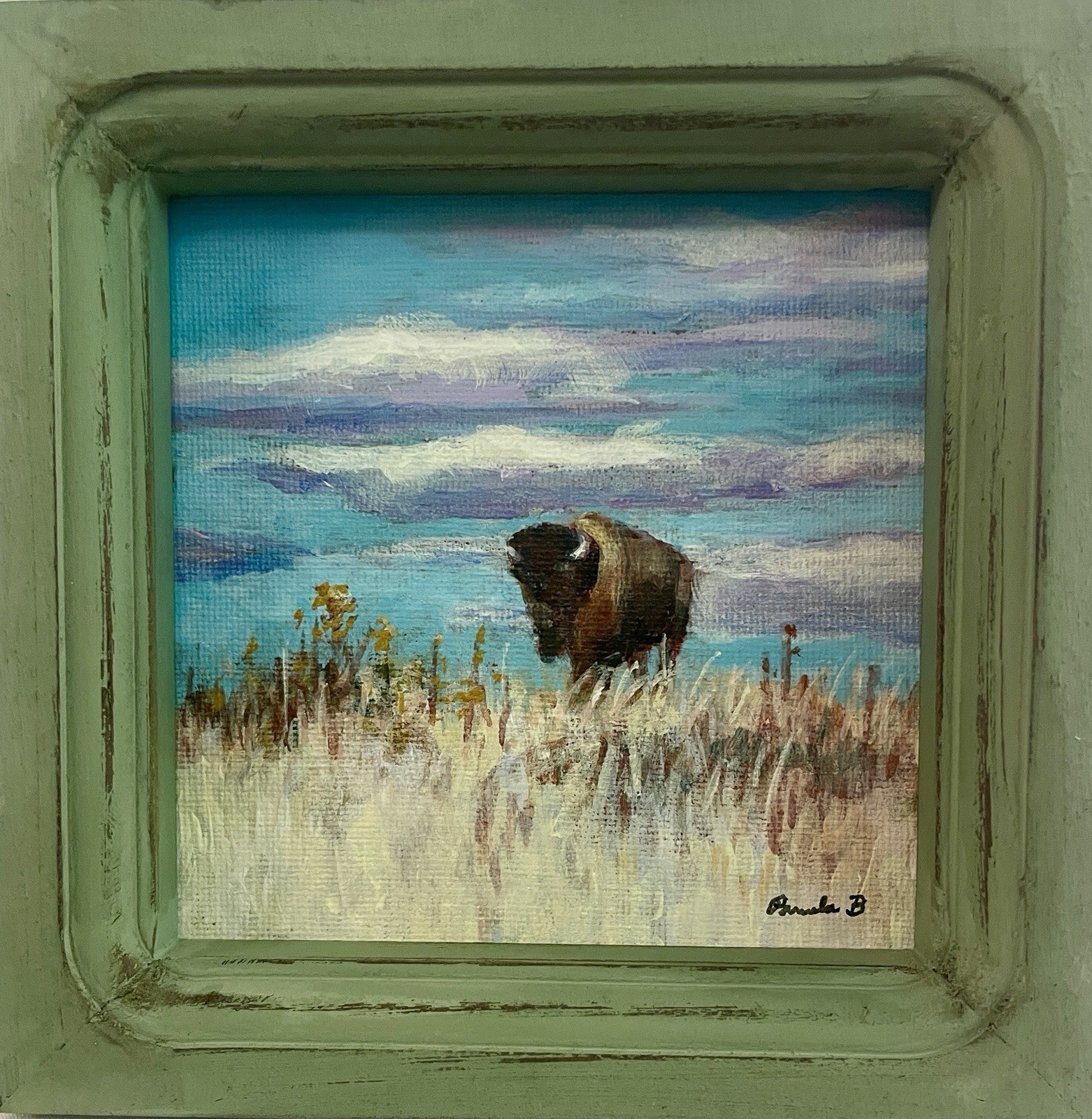 Buffalo Prairie Landscape Original Painting Framed Mini Western Art