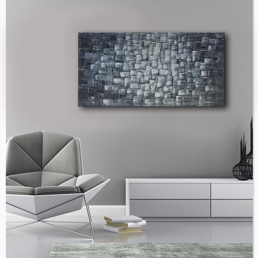 Textured Abstract Squares Canvas Wall Art Hand Painted Modern Silver Oil Pain…