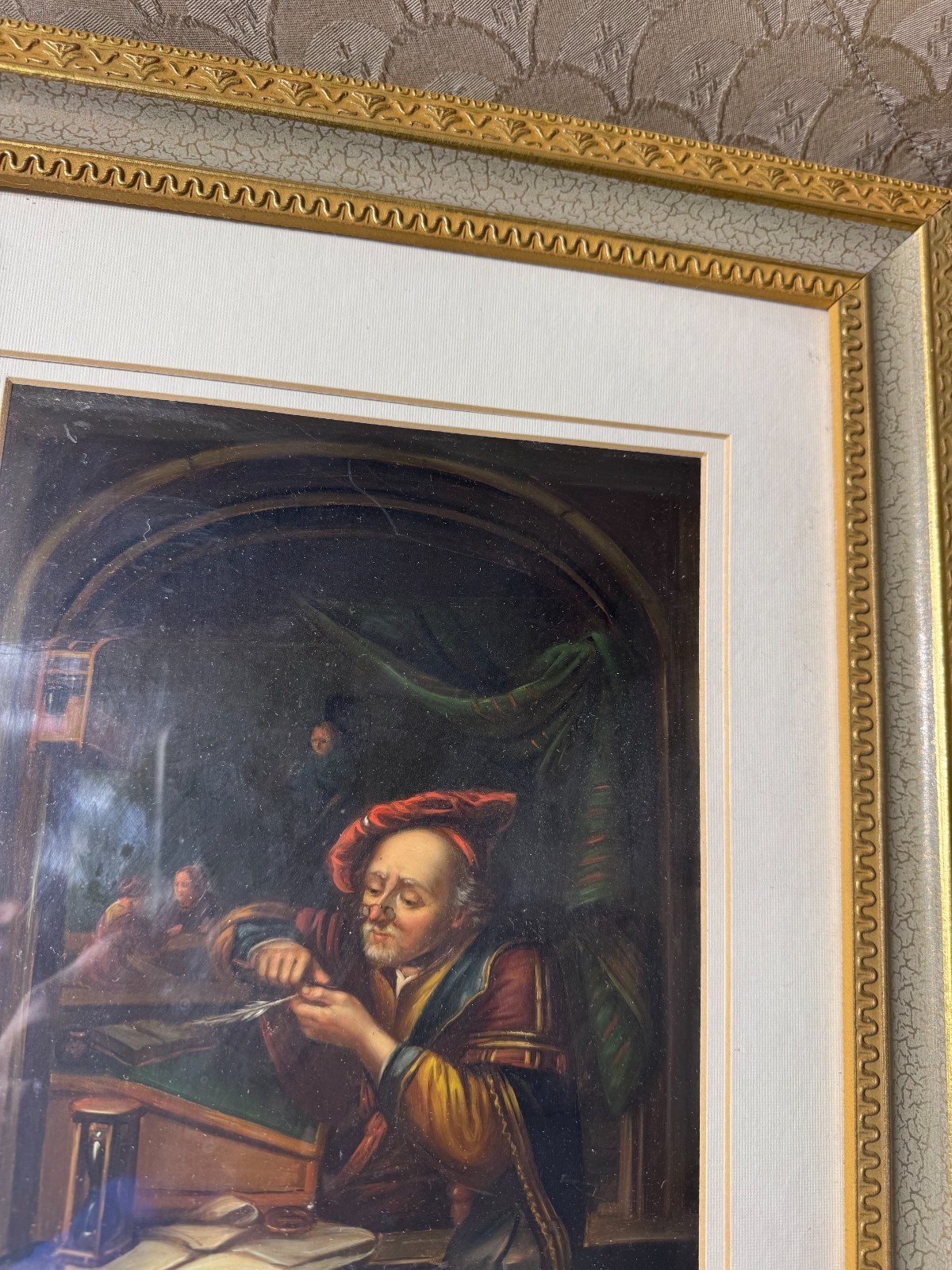Stunning Antique «Man Sharpening Quill Pen» Oil On Metal Painting – Framed