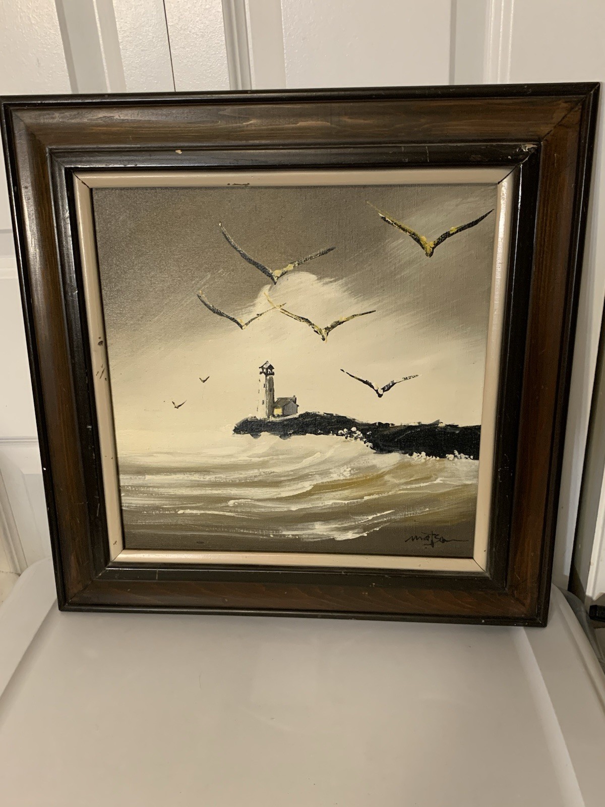 Vintage MATSON Seagulls And Lighthouse Painting 13” X 13” Framed 19”X 18”