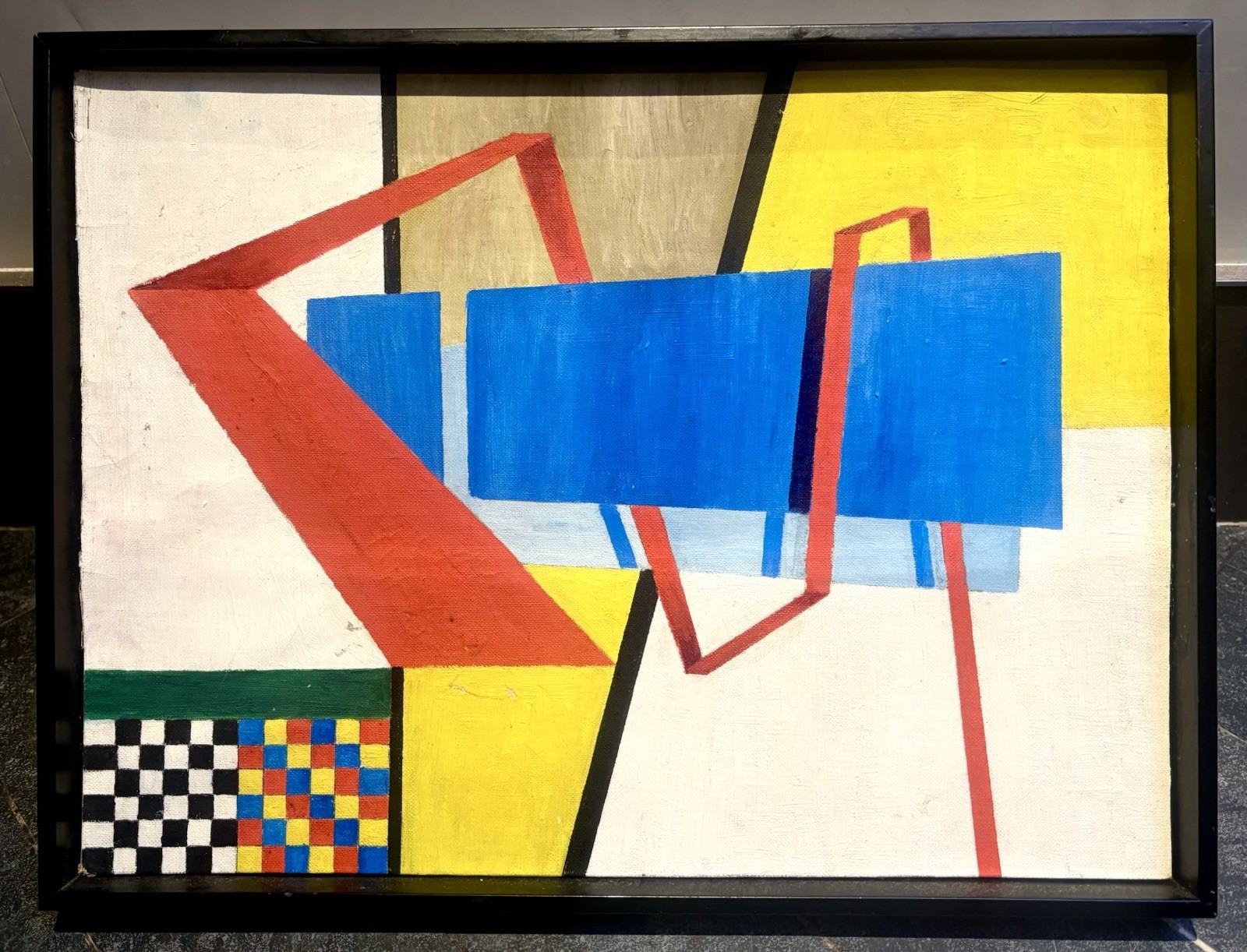 Vintage Mid-Century Geometric Abstract Oil Painting Constructivist Bauhaus Style