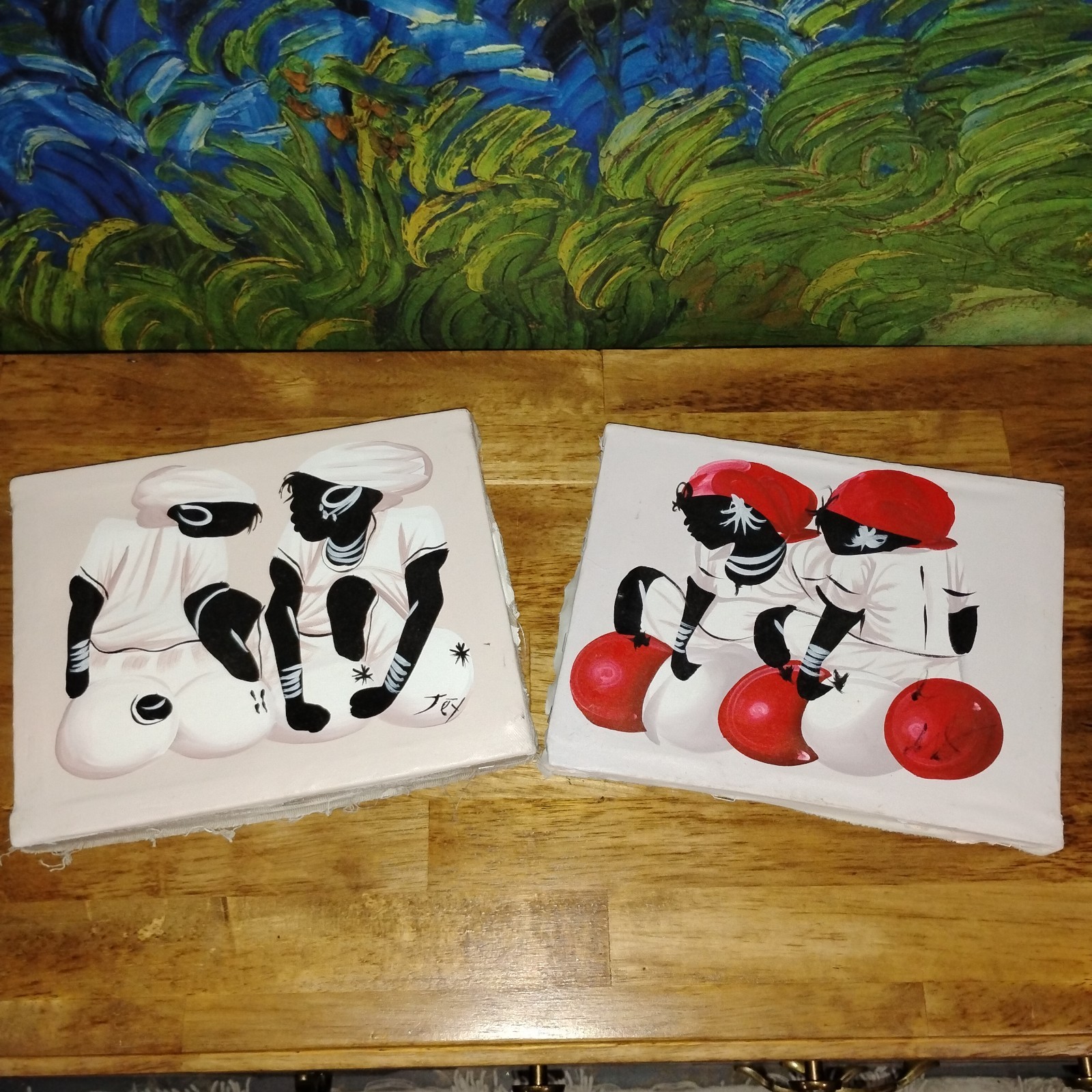2 Original Pieces of Wall Art. Haitian Painting Marketplace Muses. Signed