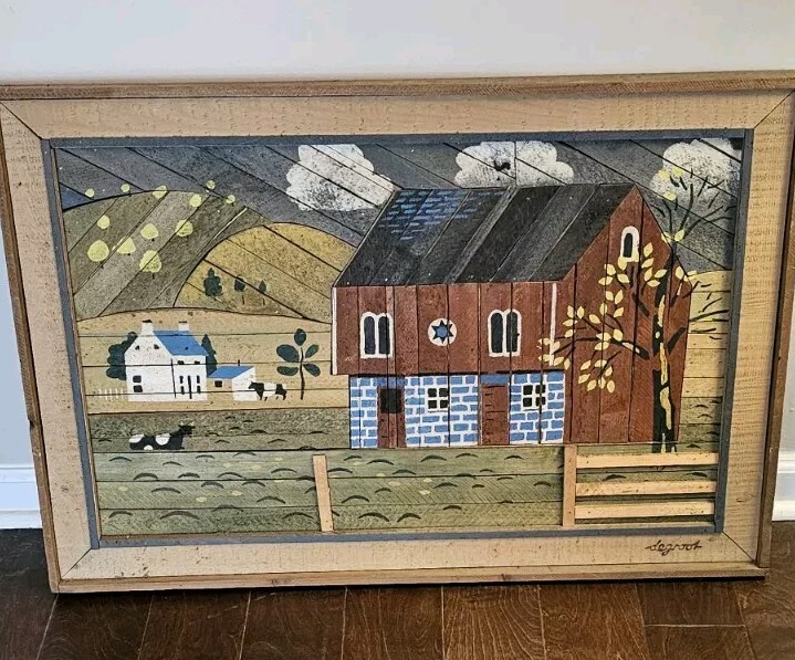 Vintage Theodore Degroot Lath Art Farm Wood Mosaic 37×25 Signed Folk